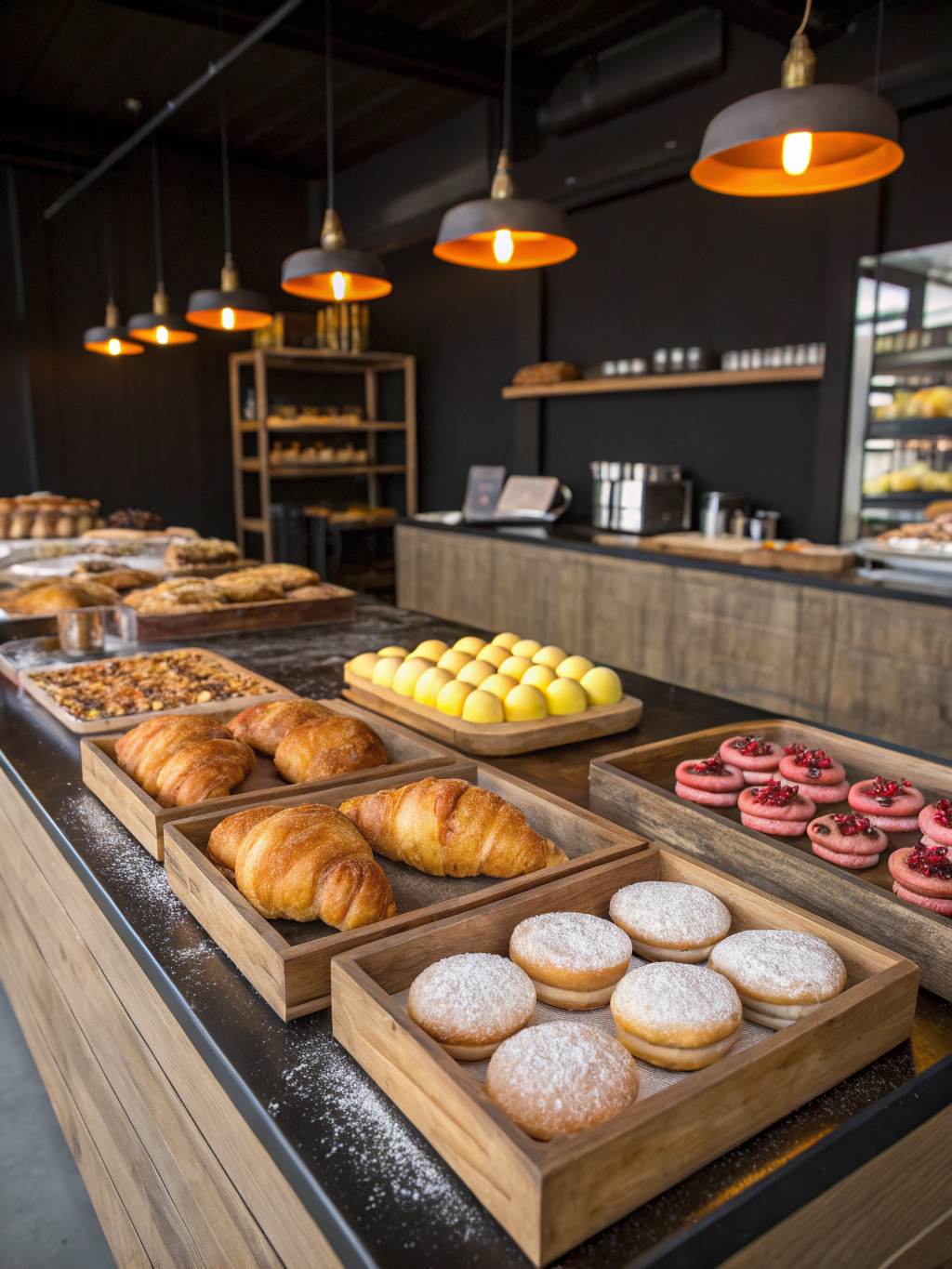 Moody artisan bakery scene featuring freshly baked croissants and specialty coffee