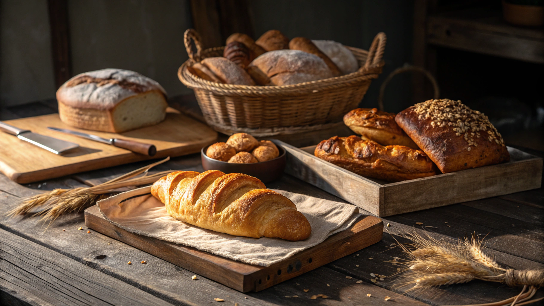 Freshly baked artisanal breads and pastries in a luxury bakery display