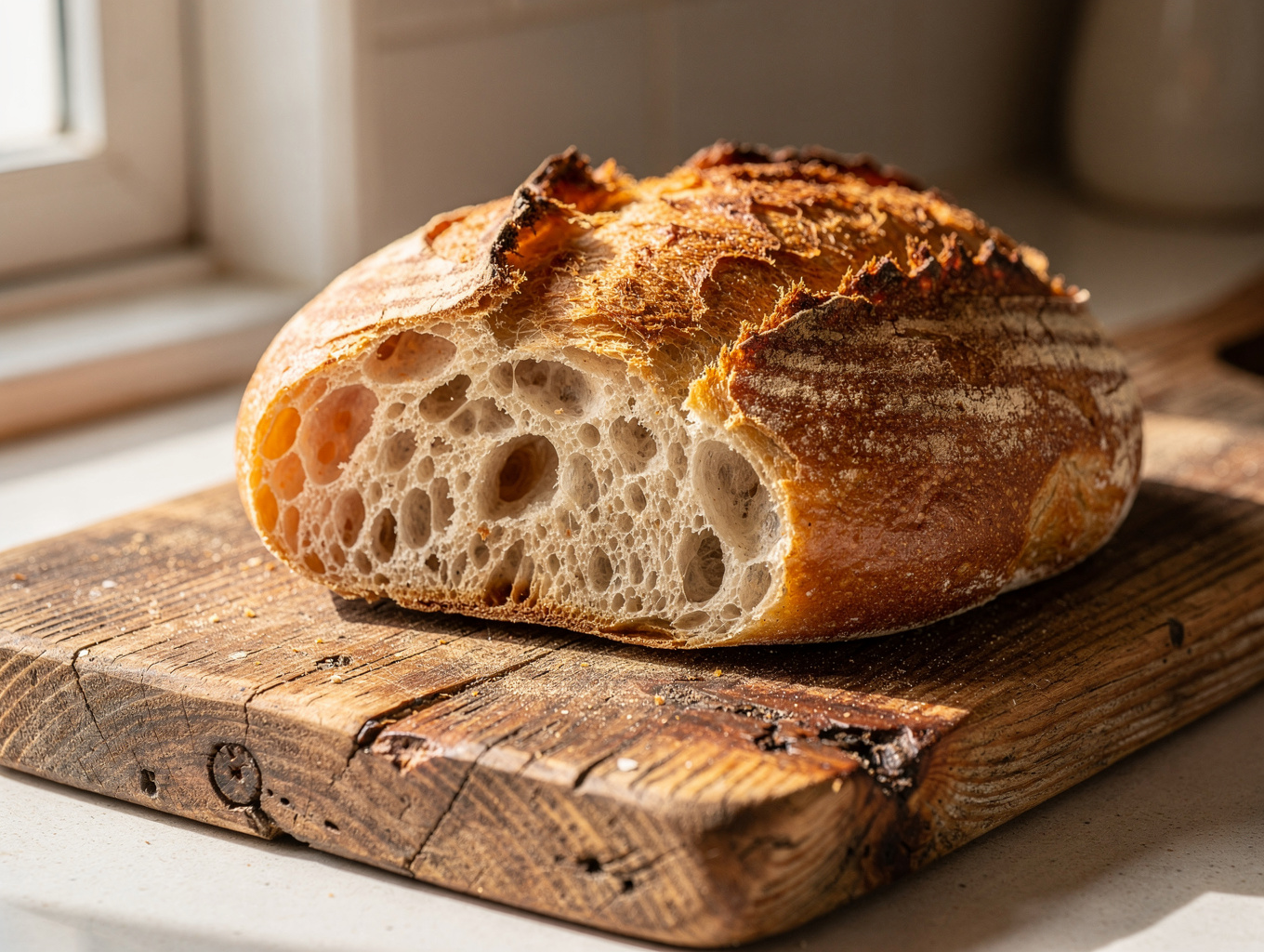 Rustic artisan sourdough bread loaf dusted with flour