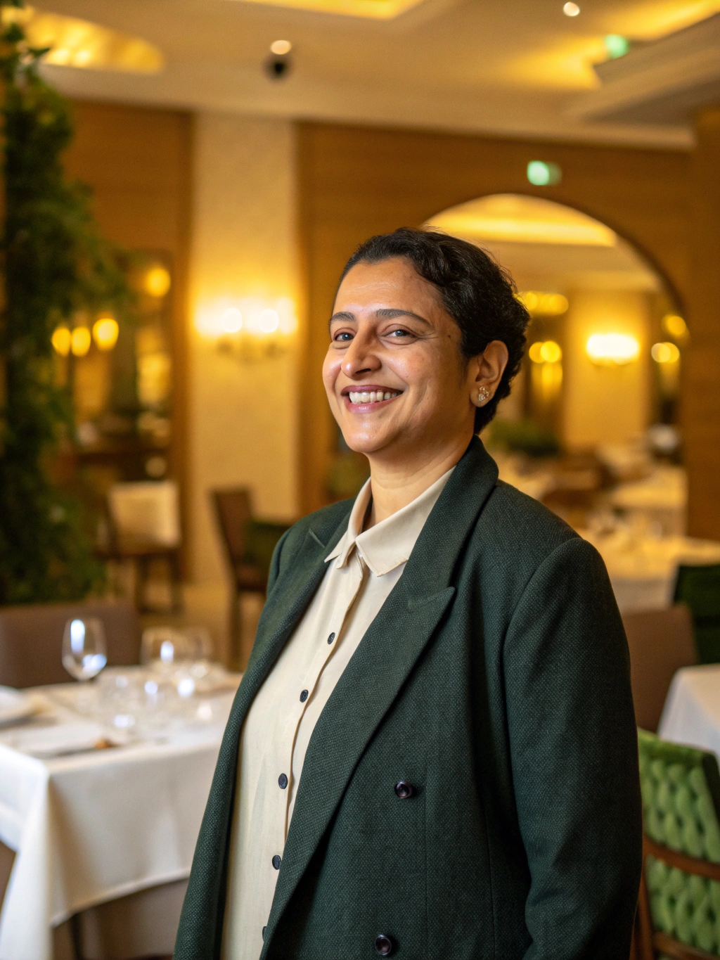 Chloe, brand manager, reviewing the daily menu design in an elegant dining room