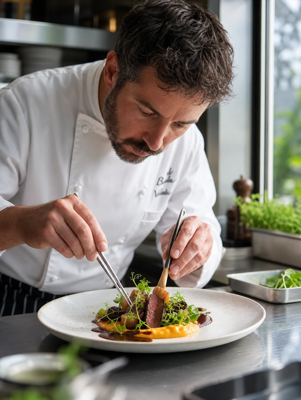 David, head chef, plating a refined dish with artistic precision in the kitchen