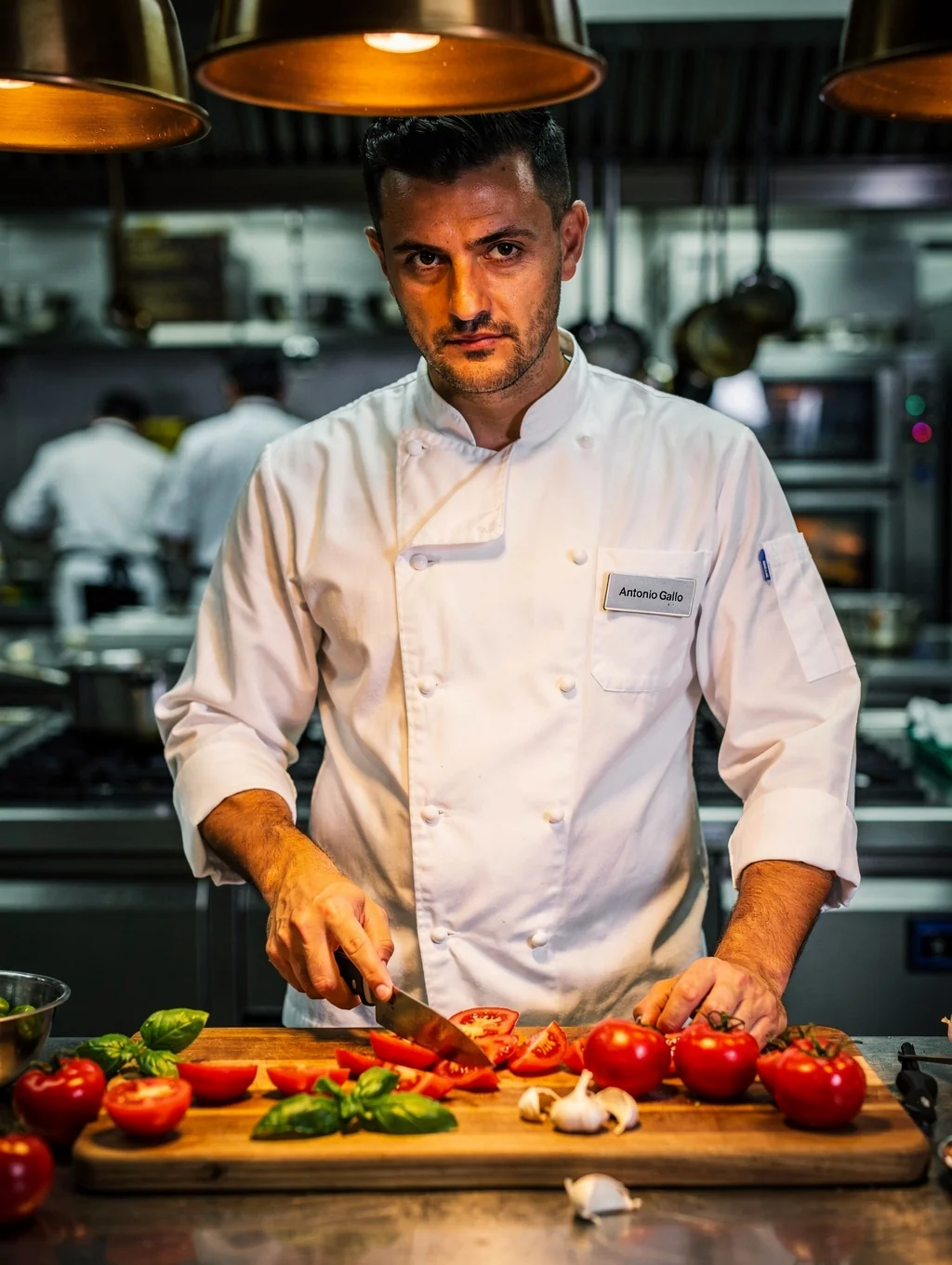 James, sous chef, finely chopping fresh herbs for the evening service