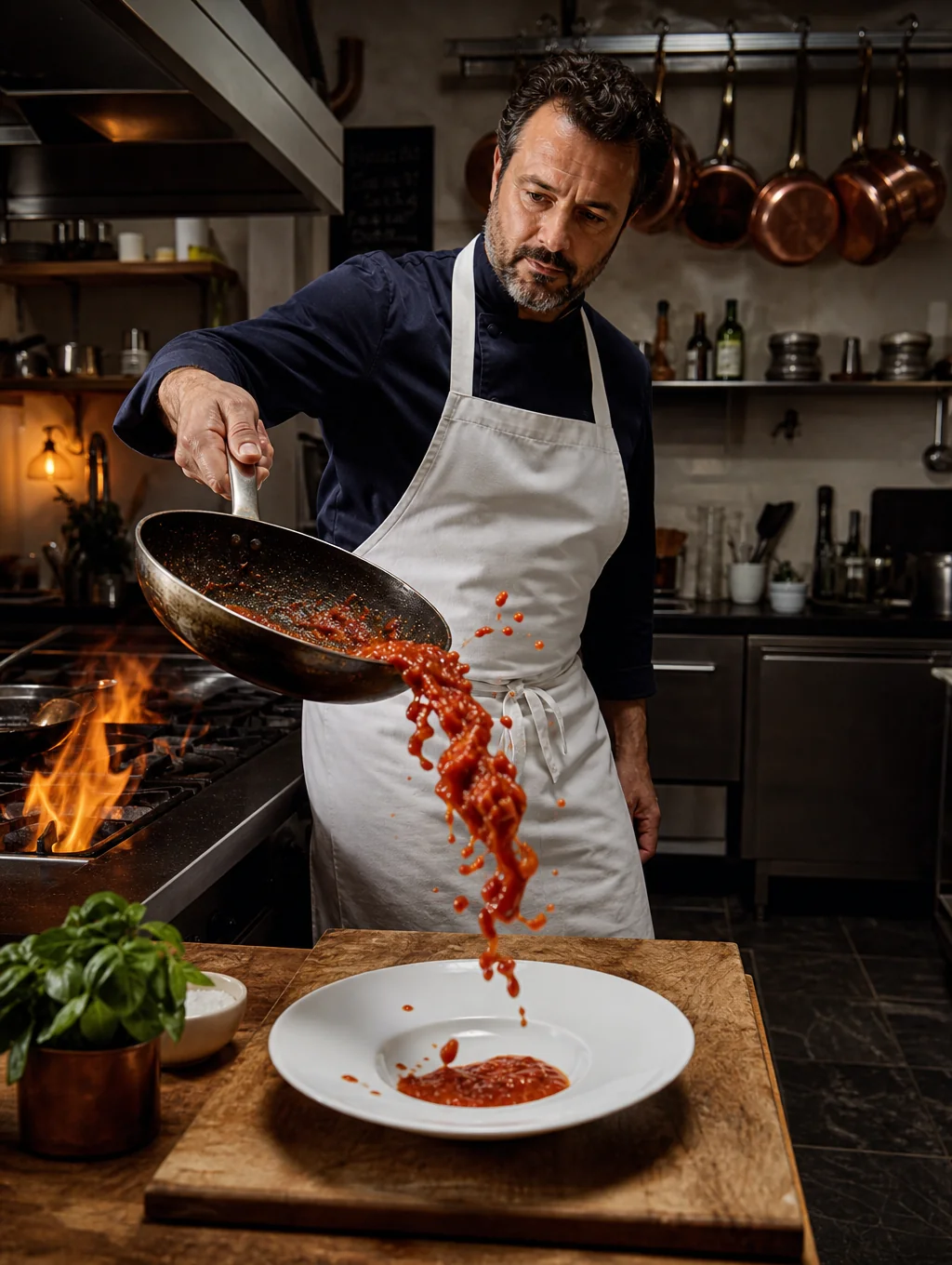 Leo, junior chef, learning the delicate art of sauce reduction at the stove