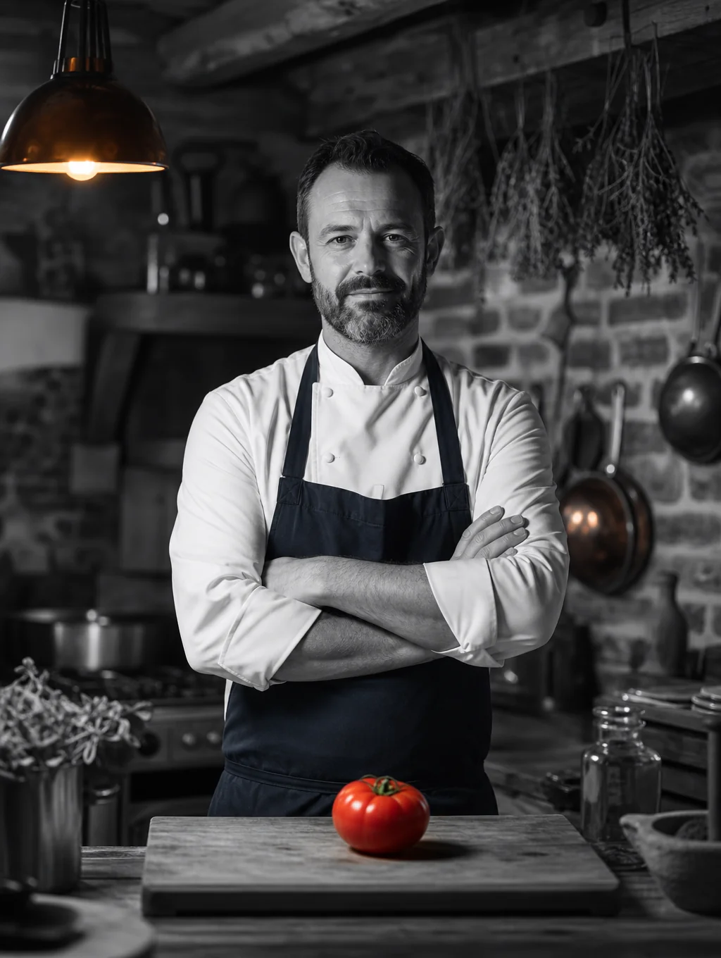 Marcus, lead curator, carefully inspecting heirloom produce in a sunlit kitchen