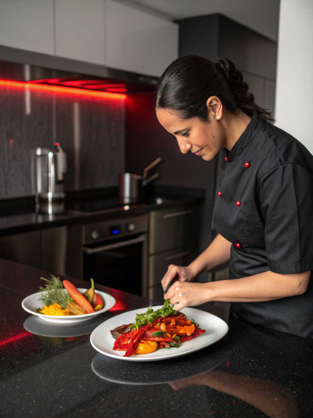 Sarah, flavor architect, meticulously balancing aromatic spices for a signature recipe