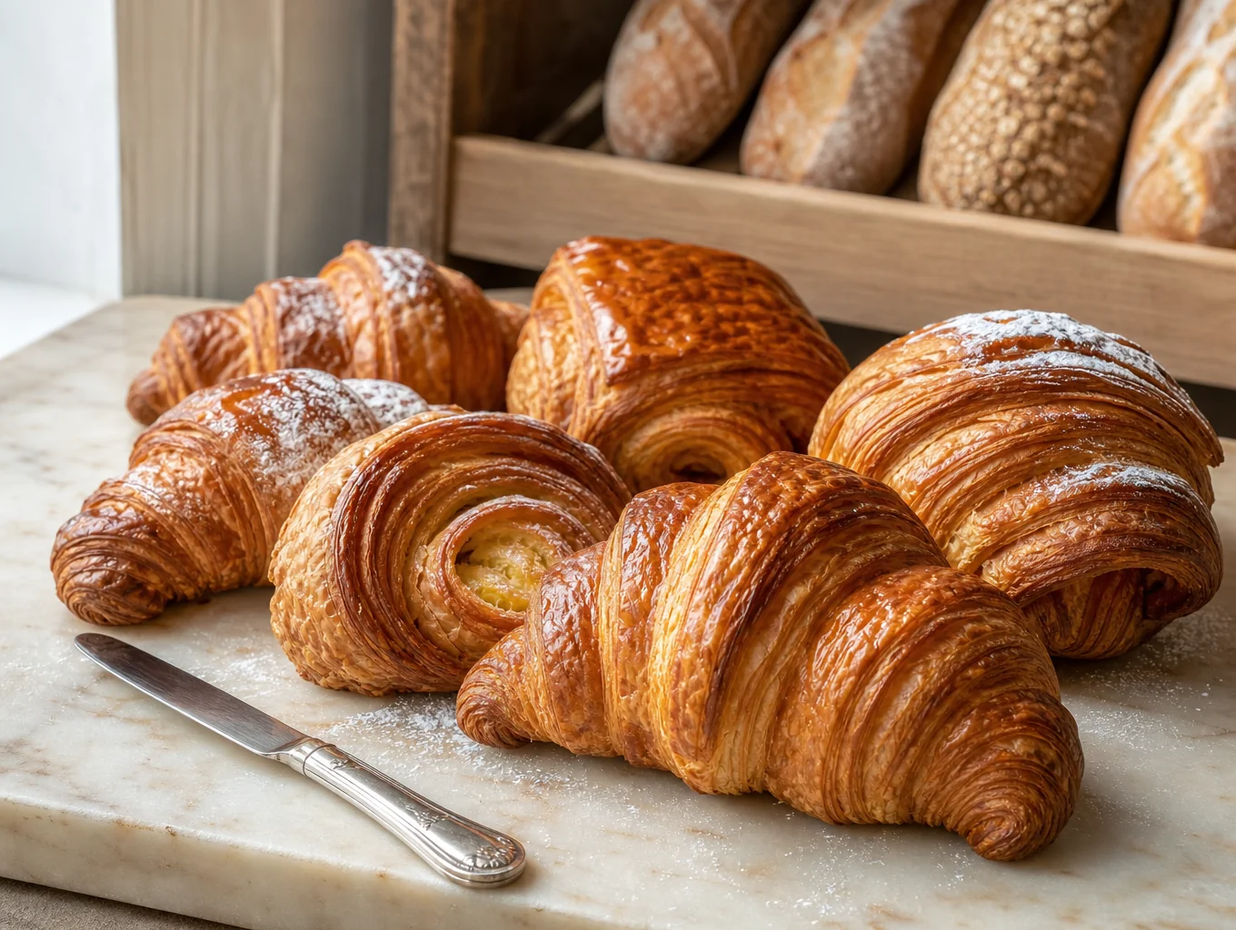 Freshly baked golden croissants on a dark wooden board