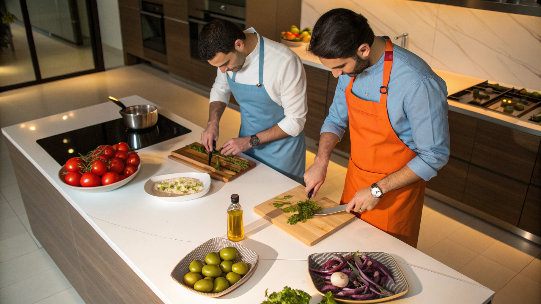 Close-up of premium ingredients being prepared in a professional kitchen with dramatic warm lighting and sophisticated ambiance