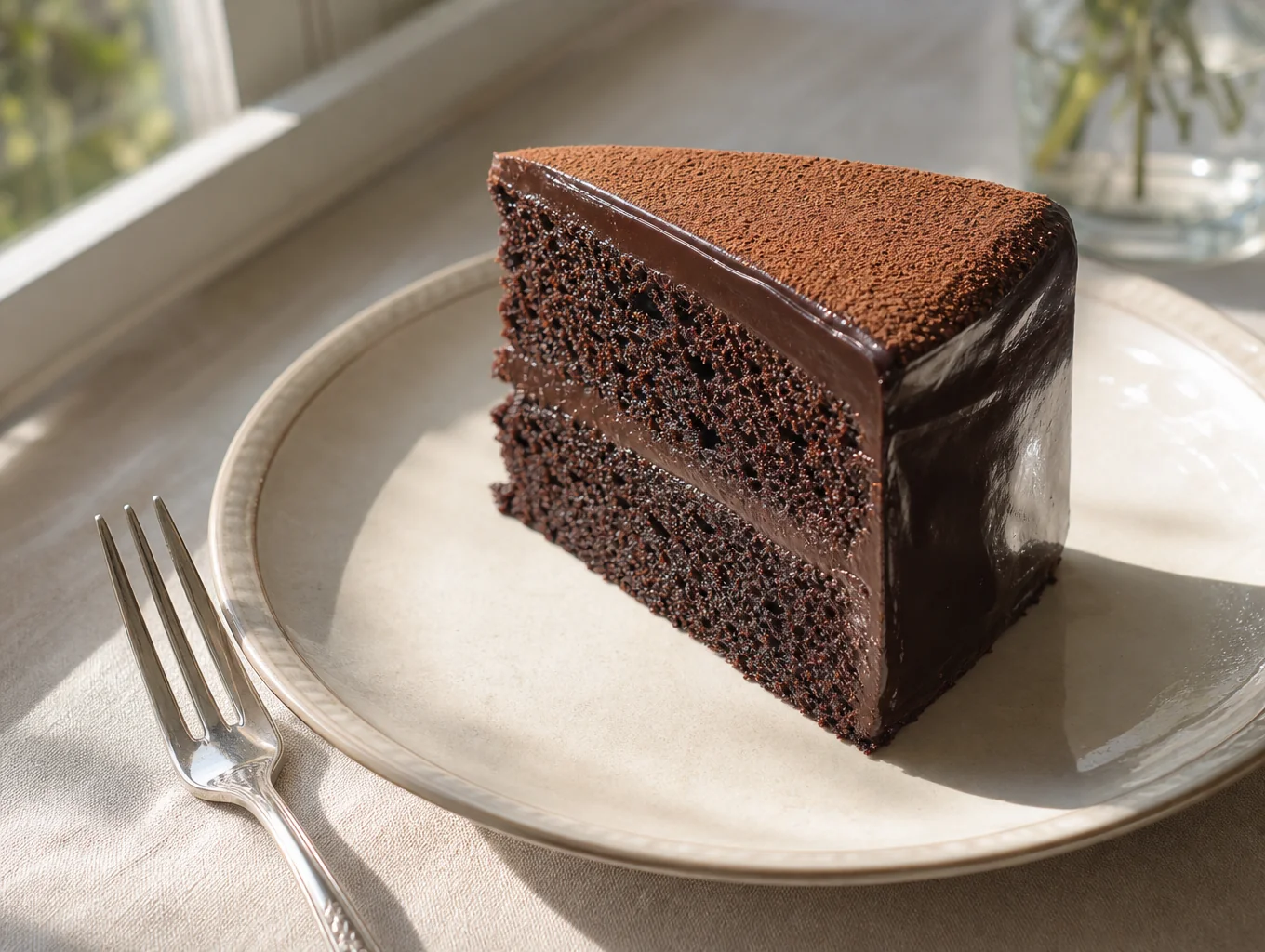 Elegant gourmet chocolate cake slice on a dark plate